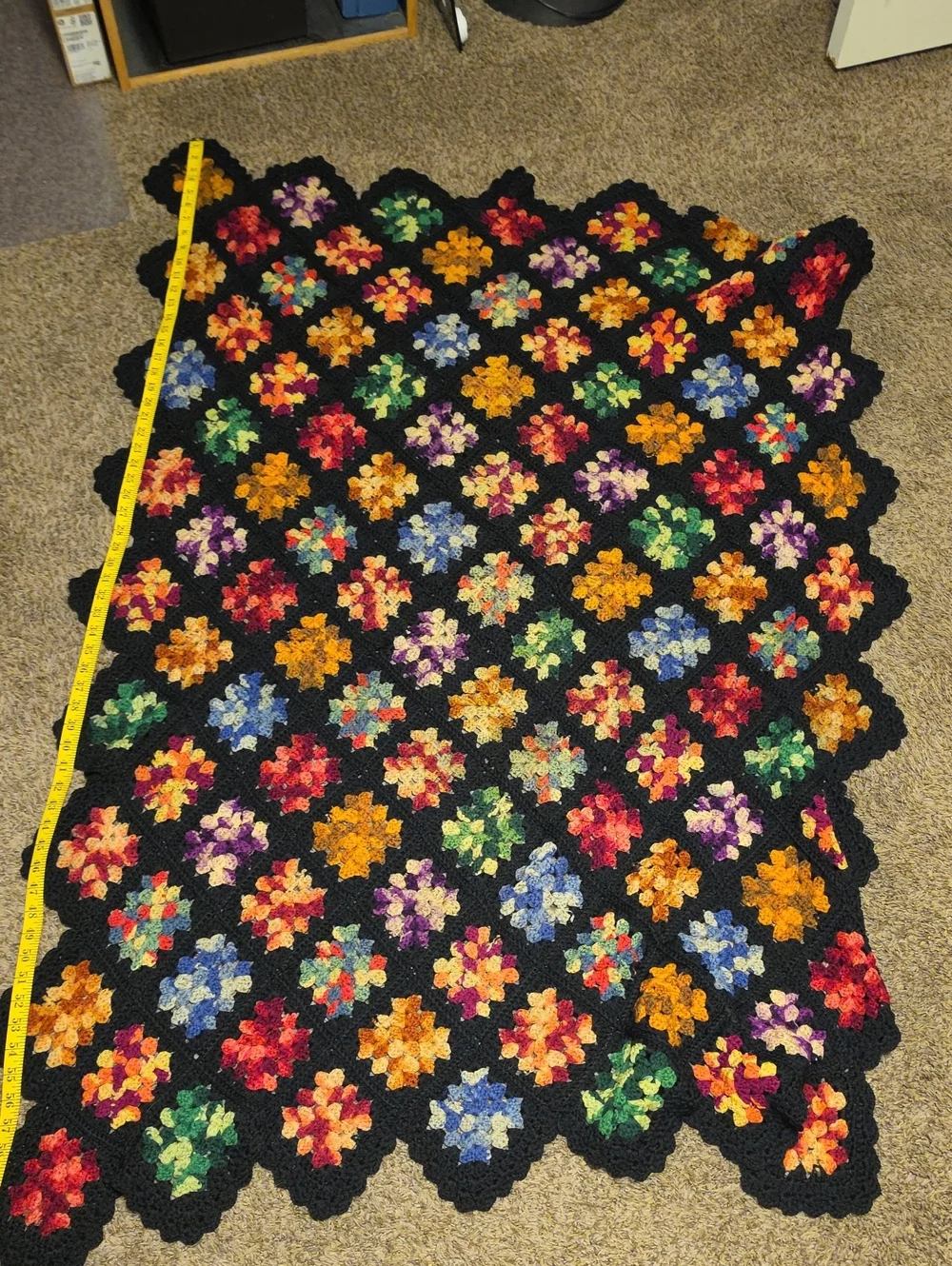 Handmade Multicolor Granny Square Crochet Throw Blanket - Black Background